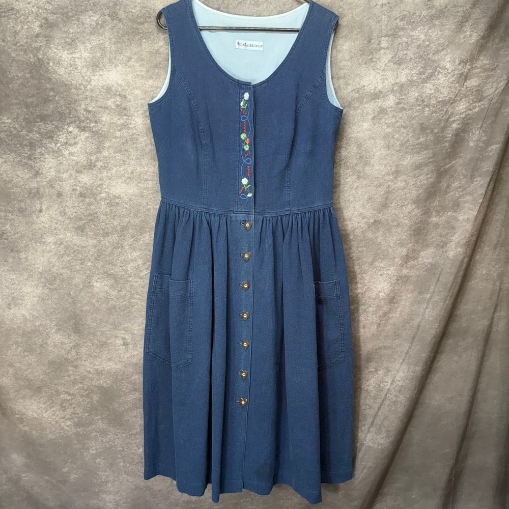 Tofana German Button Front Jumper Dress Size 42 Blue Embroidered Floral Cottage